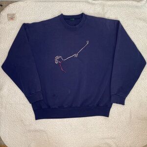 Vintage Lady Golfer Embroidered Blue Sweatshirt: Size Large